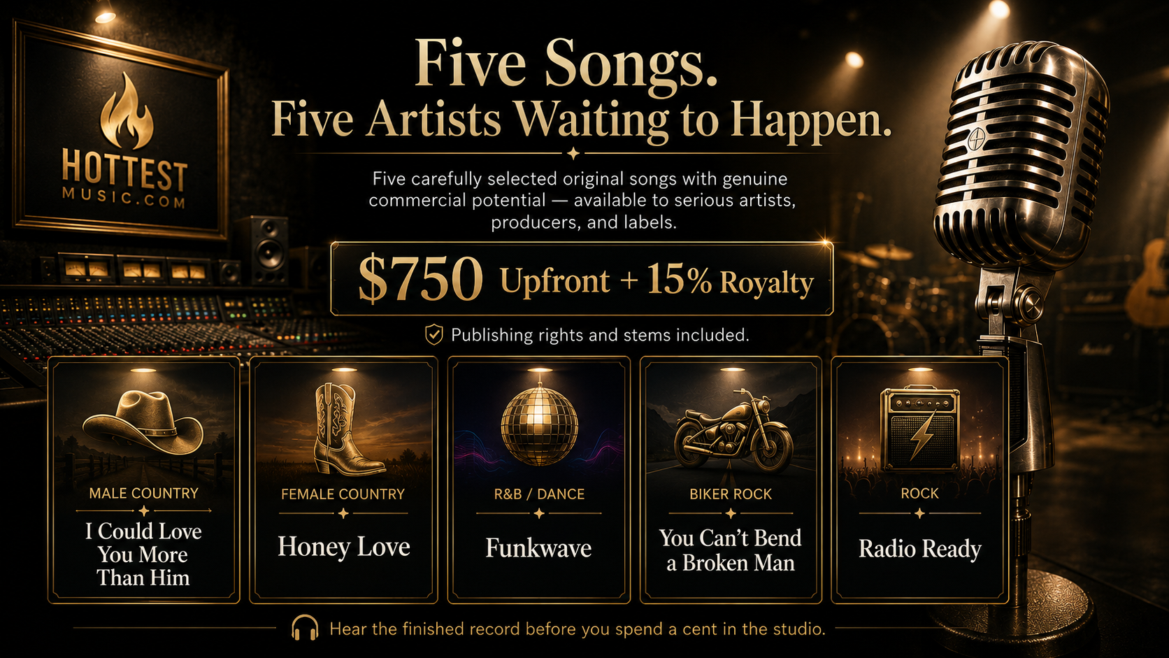 Five premier songs available to serious artists, producers, labels, and investors